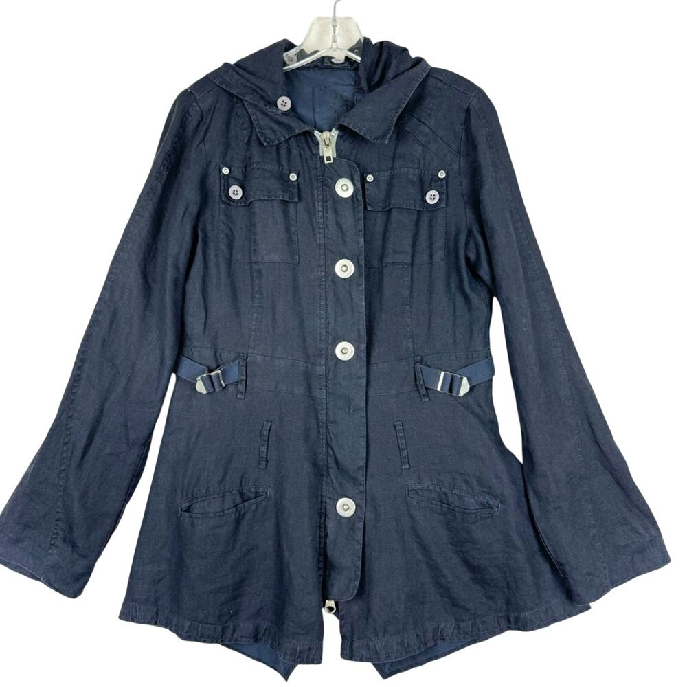 Pete & Greta Johnny Was Linen Snap Zip Asymmetric Utility Jacket Navy Size S‎